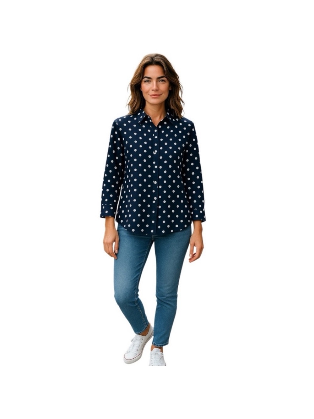 Chaps Classic classic no iron button down navy polka dot cotton blouse top large